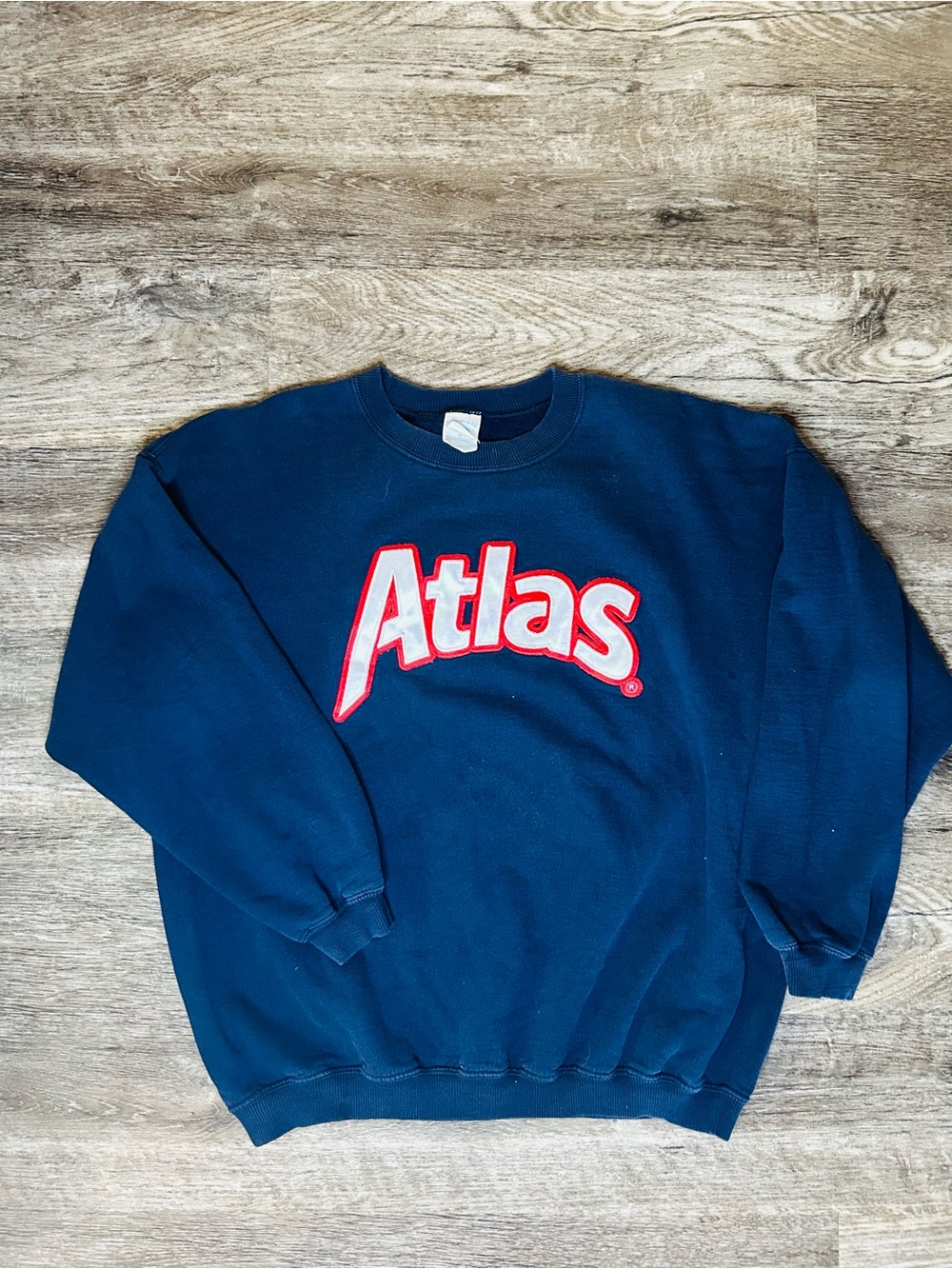 Vintage Atlas Logo Crewneck Sweatshirt Navy Blue XL Embroidered Applique 90s